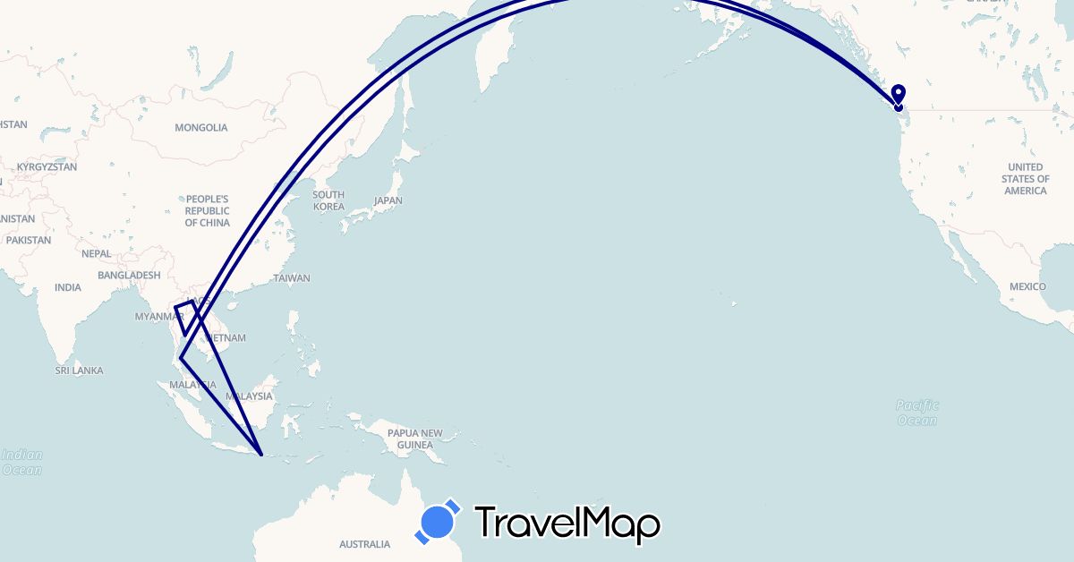 TravelMap itinerary: driving in Canada, Indonesia, Laos, Thailand (Asia, North America)